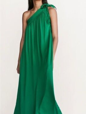 Massimo Dutti One-Shoulder Emerald Green Maxi Dress with Shoulder Tie